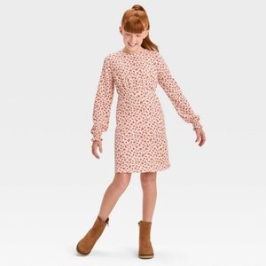 New! Girls' Long Sleeve Floral Textured Woven Dress art class - Rose Pink
